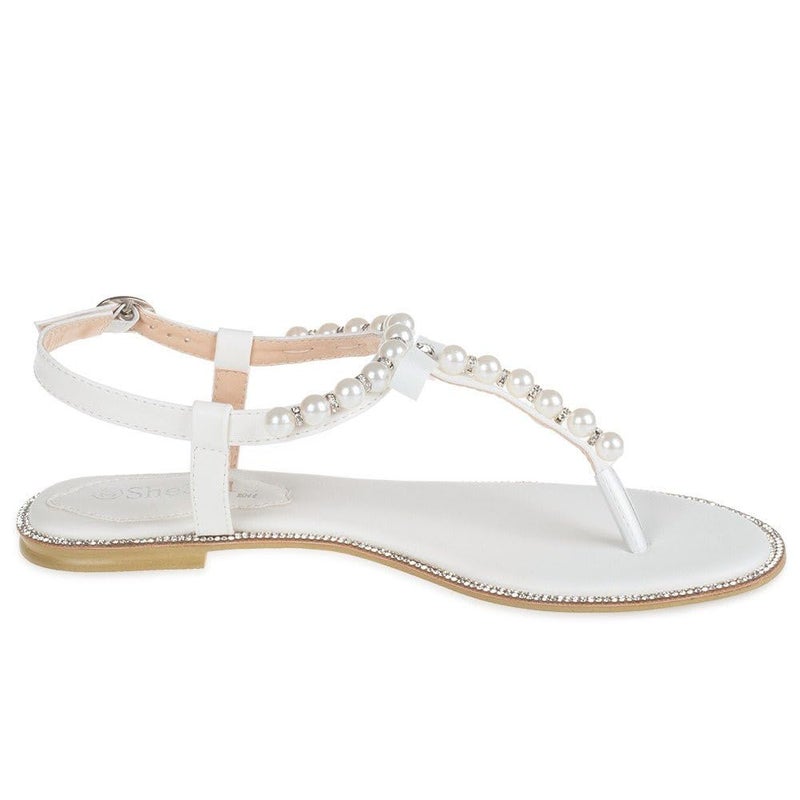 SheSole Women's Pearl T-Strap Bridal White Flat Sandals Beach Wedding Shoes US 8 - Image 2